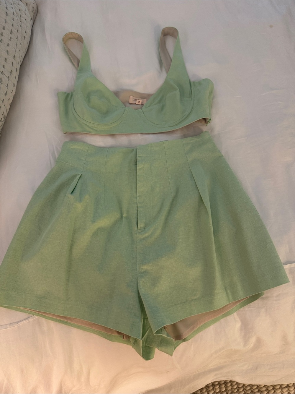 Camila Coelho Mint Green Structured Crop Top and shorts set